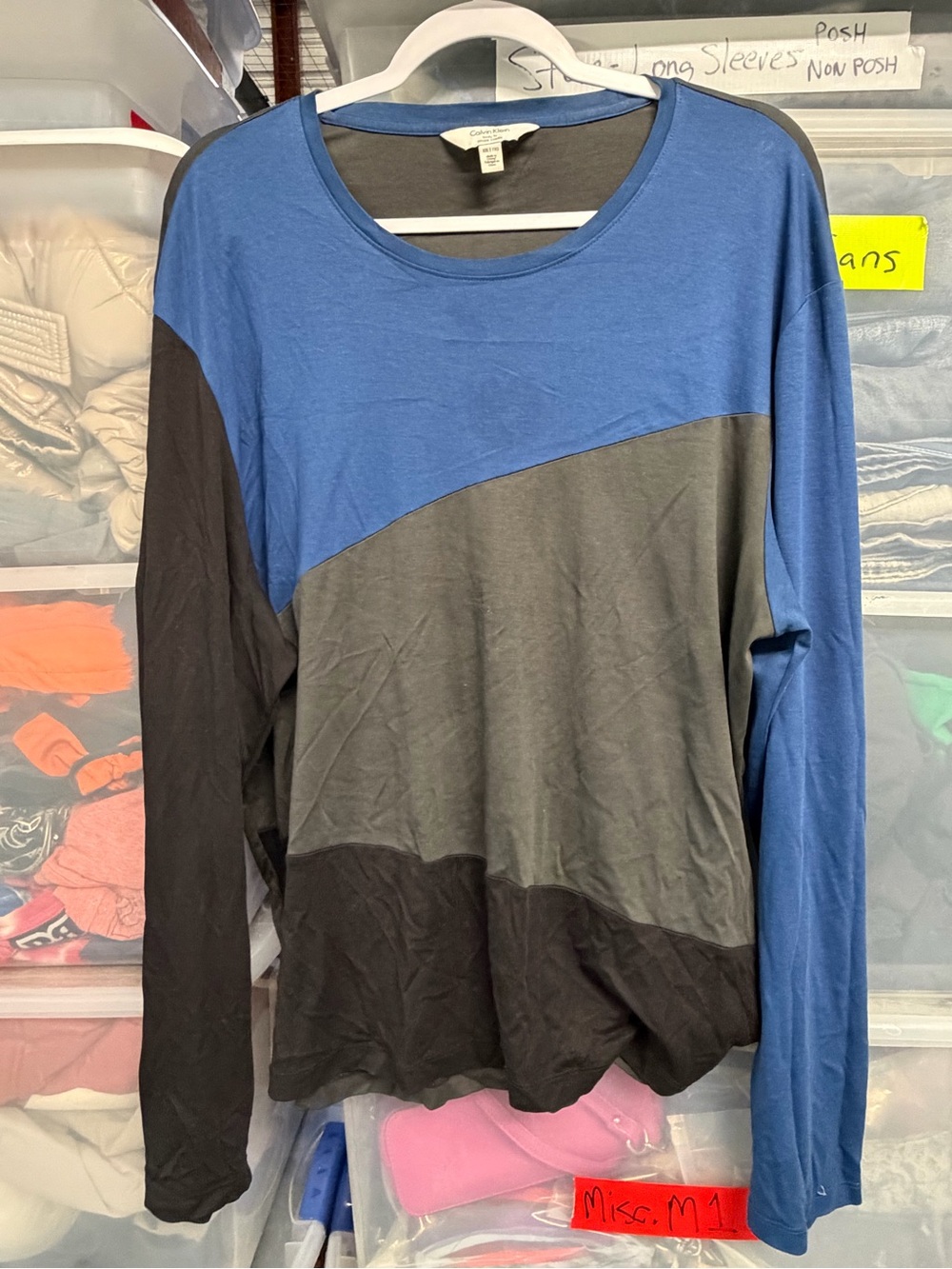Calvin Klein Blue and Black Colorblock Long Sleeve Tee- Mens XXL